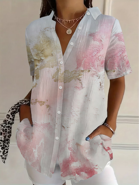 Women Abstract Shirt Collar Short Sleeve Shirt Printing Casual Daily Summer Top, JustFashionNow Shirts, color:As Picture|size:5XL