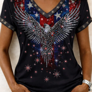 Women Star Short Sleeve Tee T-shirt V Neck Printing Vintage Summer Top, JustFashionNow T-Shirts, color:Black|size:4XL