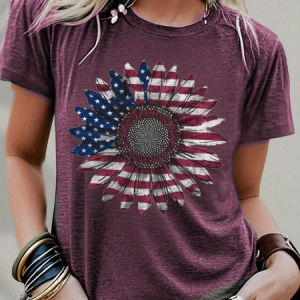 Women Floral Short Sleeve Tee T-shirt Crew Neck Printing Casual Graphic Tee Summer Top, JustFashionNow T-Shirts, color:Purple|size:XXL