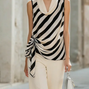 Elegant Striped Cowl Neck Blouse, Blouses and Shirts, color:As Picture|size:XXL, Stylewe