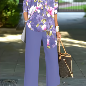 Women Floral Printing Matching Outfit Daily Long Sleeve Casual Spring/Fall Multi-Piece Set Matching Set, JustFashionNow Suit Set, color:Purple|size:XXL