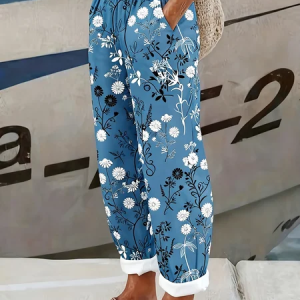 Women Floral Long Pants Casual Spring/Fall Trousers, JustFashionNow Pants, color:Blue|size:5XL