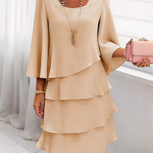 Women Plain Three Quarter Sleeve Crew Neck Dress Daily Elegant Midi A-Line Spring/Fall Dress, JustFashionNow Dresses, color:Khaki|size:3XL