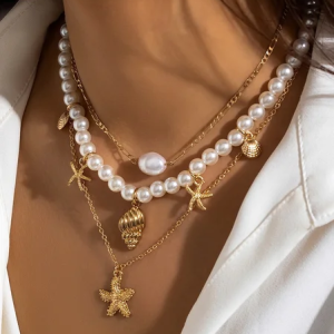 Ocean-Inspired Seashell And Diamond-Encrusted Tassel Necklace With Multi-Cross Pendant., JustFashionNow Necklaces, color:Color4