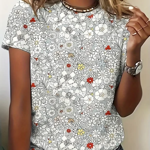 Casual Floral Crew Neck Short Sleeve T-shirt, T-shirts, color:White|size:XXL, catalog Noracora shop