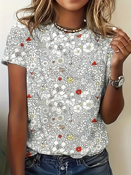 Women Floral Short Sleeve Tee T-shirt Crew Neck Printing Casual Graphic Tee Summer Top, JustFashionNow T-Shirts, color:White|size:XXL - Image 9