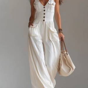 Urban Buttoned Pockets Plain V Neck Jumpsuit, Jumpsuits, color:White|size:XXL, Stylewe