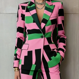 Elegant Printing Geometric Lapel Collar Blazer, Blazers, color:Pink|size:XXL, Stylewe