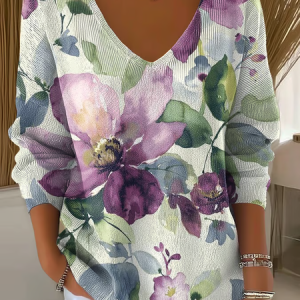 Women Floral Long Sleeve Tee T-shirt V Neck Printing Casual Spring/Fall Top, JustFashionNow T-Shirts, color:As Picture|size:4XL