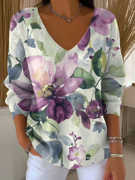 Women Floral Long Sleeve Tee T-shirt V Neck Printing Casual Spring/Fall Top, JustFashionNow T-Shirts, color:As Picture|size:4XL