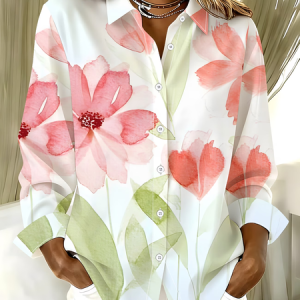 Women Floral Shirt Collar Long Sleeve Shirt Buckle Casual Daily Spring/Fall Top, JustFashionNow Shirts, color:White|size:XXL