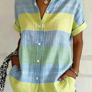 Women Striped Shirt Collar Short Sleeve Shirt Printing Casual Daily Summer Top, JustFashionNow Shirts, color:As Picture|size:XXL