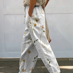 Women Floral Long Pants Casual Spring/Fall Trousers, JustFashionNow Pants, color:White|size:5XL