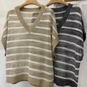 Spring summer V-neck linen striped top with short sleeves - AliExpress Sweaters&Jumpers