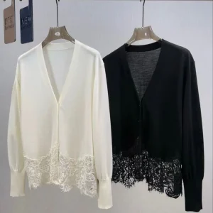 Elegant women's thin pure wool lace spliced V-neck cardigan - AliExpress Sweaters&Jumpers
