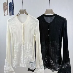 Elegant lace spliced round neck 100% wool cardigan - AliExpress Sweaters&Jumpers