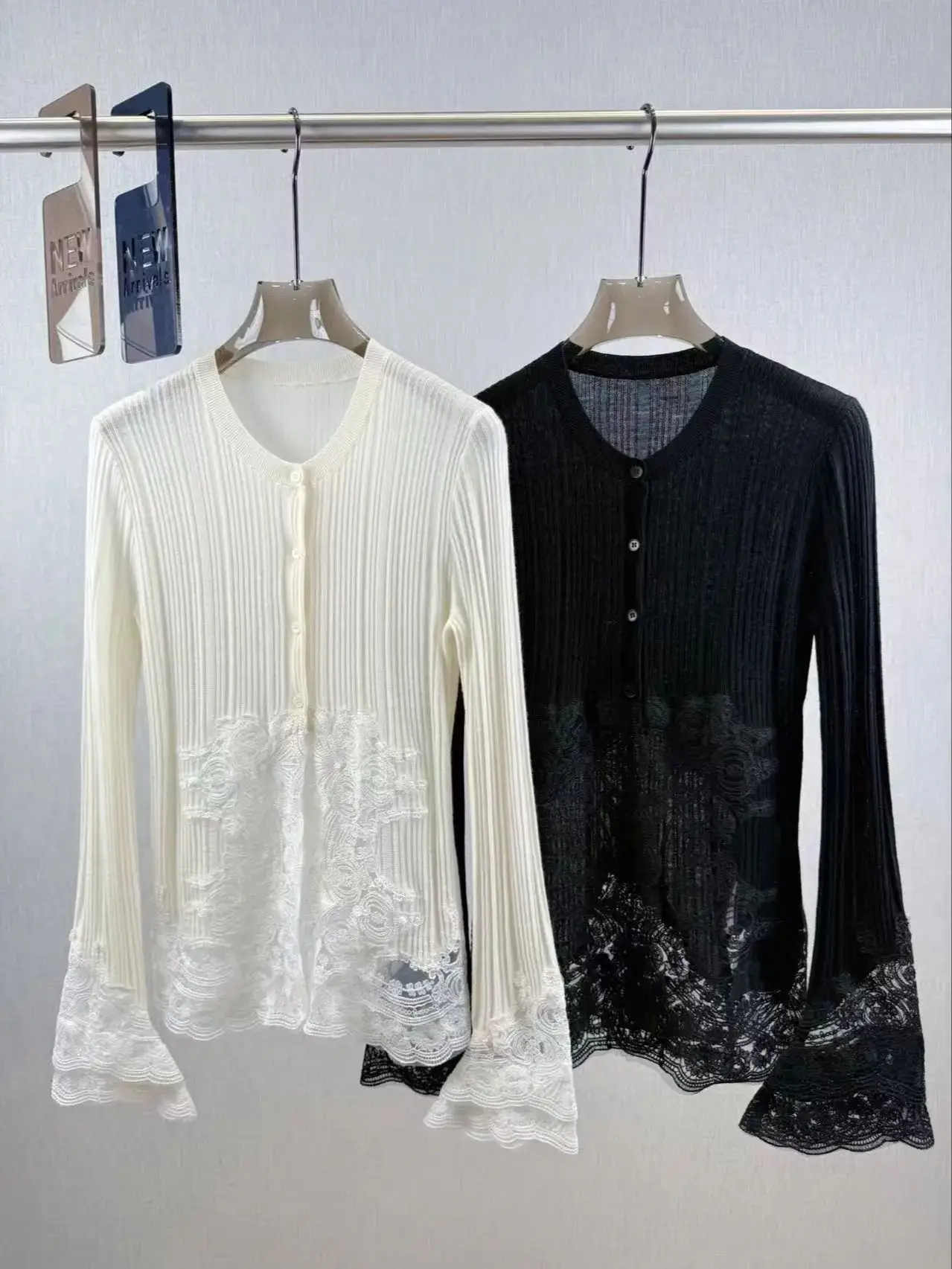 Elegant lace spliced round neck 100% wool cardigan - AliExpress Sweaters&Jumpers
