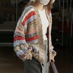FANAN Fashion Spliced Contrast Color Wool Knitting Sweater Women's Cardigan Design Loose Coats Office Lady Warm Tops Winter New - AliExpress Sweaters&Jumpers