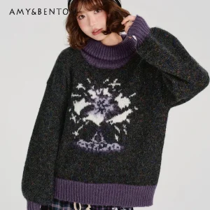 Original Design Dark Gray Splicing High Neck Women's Sweater 2025 Autumn Winter New Loose Slimming Versatile Pullover Ladies - AliExpress Sweaters&Jumpers