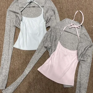 Korean Style Yoga Vest Top Neck Hanging U-Neck Two-Piece Set Spring Summer Outerwear Gentle Personality Daily Use Long Sleeve - AliExpress Sweaters&Jumpers