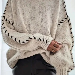 Oversized Drop-Shoulder Crewneck Sweater with Hand-Stitched Black Trim, Soft Knit for Autumn Winter - AliExpress Sweaters&Jumpers