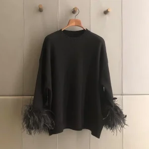 Black Sweater Women Ostrich Feather Long Sleeve Round Neck Knitted Pullover Sweet Autumn Top - AliExpress Sweaters&Jumpers