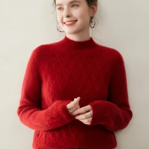Thick Cable Stitch Autumn Winter Mock Neck Women's Soft Warm Long Sleeves Pullover Sweater 100% Cashmere Knitted Clothing Tops - AliExpress Sweaters&Jumpers