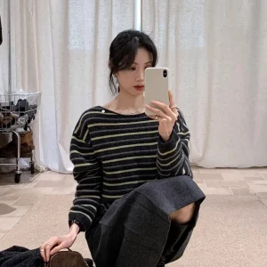 BRIVIN Korean Sle Loose Bear Velvet Striped Sweater Women's Autumn Winter Chic Slimming Top Casual Comfortable Long Sve - AliExpress Sweaters&Jumpers