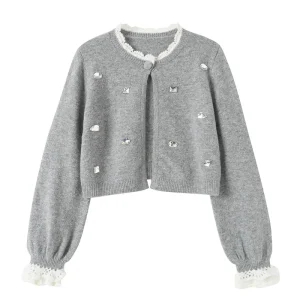 Women Knitted Cotton cardigan O-Neck Flare Sleeve Beading cardigan - AliExpress Sweaters&Jumpers