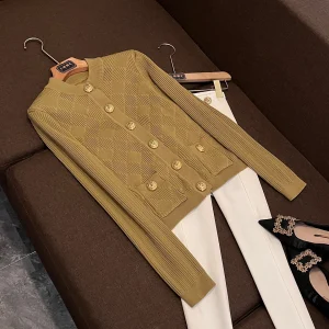 Military een Knitted Open Cardigan Embroidered Diamond Pattern round Ne Metal Button Slim Fit Top French Sle Women's Sw... - AliExpress Sweaters&Jumpers
