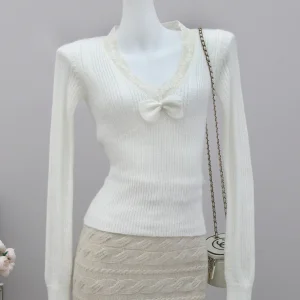 Double Sweet  Knot Knitted Slim Fit Top Soft Cozy Two Tone Woolen Long Sve V Ne Warm Daily Wear Women's irt - AliExpress Sweaters&Jumpers
