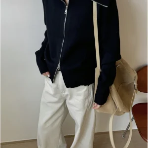 Knitted Cardigan Women's Slim Fit Double Zipper Large Collar Commute Style Long Sleeve Fashionable Top - AliExpress Sweaters&Jumpers