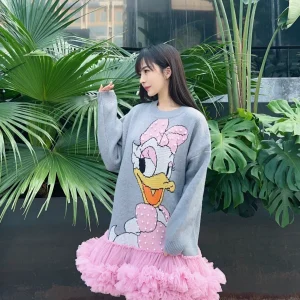 Fashion Bead Cartoon Pattern Puffy Tulle Stitching Knitted Dress Women Autumn Winter New Loose Mid-Length Pullover Sweater Dress - AliExpress Sweaters&Jumpers