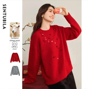 SENTUBILA New Year Red Sweater for women 2026 Knitwear Long Sleeve Pullover Jumper with Sequins Knitted Top for Woman W54EE3142 - AliExpress Sweaters&Jumpers