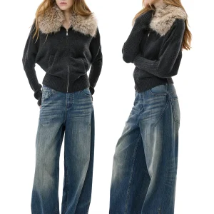 Monroo Deep ey Pure Wool Detachable Fur Collar Sweater Cardigan Women's Batwing Sve Multiwear High Collar Outerwear Top - AliExpress Sweaters&Jumpers