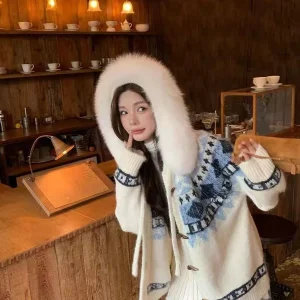 Seoul Sle Women's Knitted Cardigan Heavy Embroidery Long Sve Coat with Large Fur Collar Mid-Length Open Front Design - AliExpress Sweaters&Jumpers