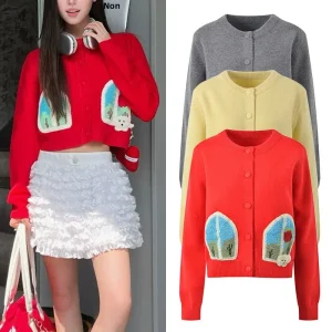 Fall 2024 Design Sense Cartoon Hook Flower Youthful All-Match Slim round Ne ort Knitted Open Cardigan Outerwear - AliExpress Sweaters&Jumpers