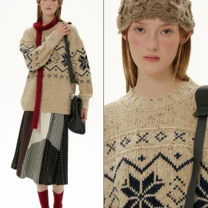 Neon Wildern Retro Ombre Woolen Sweater Handmade Snowflake Pattern Fair Isle Knit Women's Loose Fit Long Sve Crew Ne - AliExpress Sweaters&Jumpers