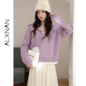 ALXNAN Women's Purple Pullover Winter Loose-fit Warm Casual Fake Two Piece Sweater 2026 Elegant Fashion Wool Knitted Tops L60131 - AliExpress Sweaters&Jumpers