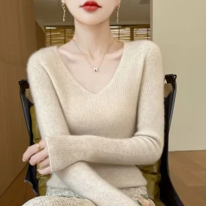 Autumn Winter Wool Sweater V-neck Slim-fitting and Thin Long-sleeved Casual Temperament Sweater Bottoming Knitted Sweater Women - AliExpress Sweaters&Jumpers