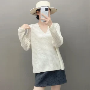 Autumn/Winter Women's 100% Cashmere Pullover Casual Solid Vertical Stripe Knitted Sweater Loose V-Neck Tops Thick Warm Jumper - AliExpress Sweaters&Jumpers