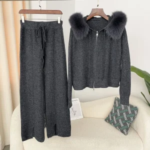 Knitwear Trousers Hooded Jacket 2024 Autumn and Winter Fashionable Sweater Suit Women Detachable Fox Fur Collar Fur Coat - AliExpress Sweaters&Jumpers
