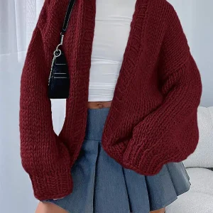 Women's Burgundy Chunky Knit Open Front Cardigan, Loose Fit Long Sleeve Casual Sweater - AliExpress Sweaters&Jumpers