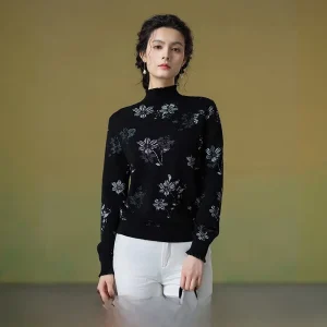 Ele Knitted Top Women's Slim Fit Autumn New Arrival a Life on the Left 2025 High Collar ort Length Plant Floral Pattern - AliExpress Sweaters&Jumpers