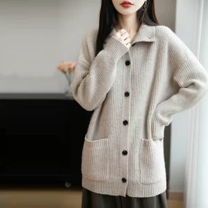100% Wool Women's Stand - Up Collar Cardigan, Button Pockets & Loose Fit, Warm and Stylish - AliExpress Sweaters&Jumpers