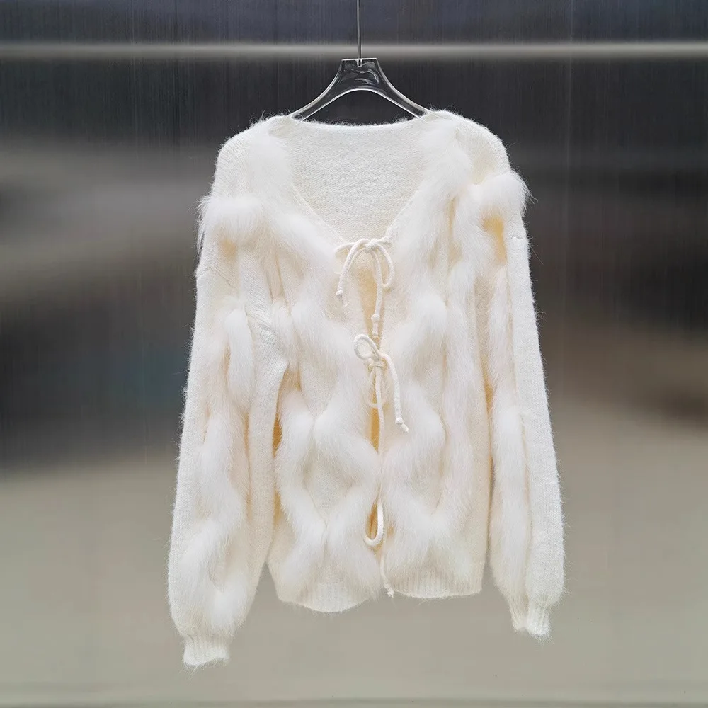 2025 New Fashion Knit Women Pullovers Oversized Real Natural Fox Fur Sweater Lace-up Cardigan Elegant Clothing Female Jackets - AliExpress Sweaters&Jumpers