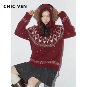 CHIC VEN New Women Cardigan Loose Casual Retro Round Neck Knitted Sweater With Hat Autumn Winter 2025 - AliExpress Sweaters&Jumpers