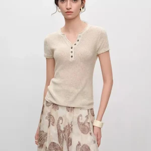 Self-Ele ort Sve Henry Collar Knitted Top Women's Slim Fit Sle Commute Faion Polyester Rayon Linen Blend Summer - AliExpress Sweaters&Jumpers