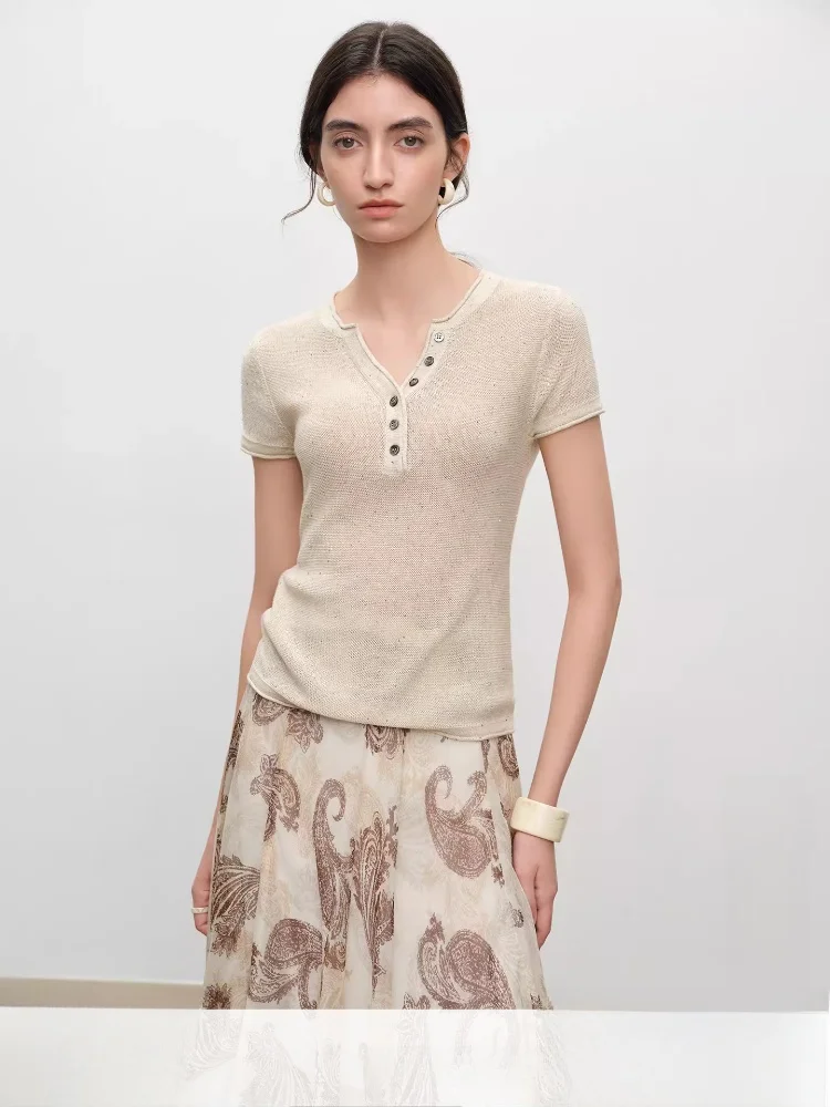 Self-Ele ort Sve Henry Collar Knitted Top Women's Slim Fit Sle Commute Faion Polyester Rayon Linen Blend Summer - AliExpress Sweaters&Jumpers