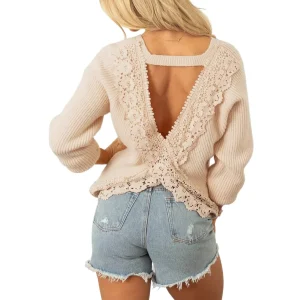 2025 Fall/Winter Women's Elegant and Sexy Backless European and American Cross-border Lace Stitched Long Sleeve Sweater Top - AliExpress Sweaters&Jumpers